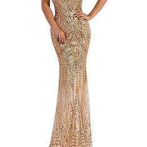 V Neck Sequined Prom Banquet Party Maxi Dress